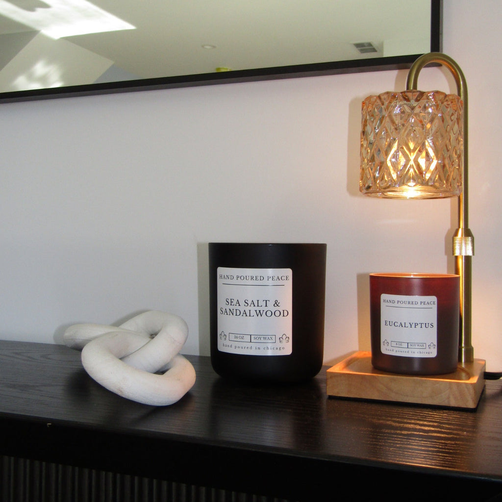 Candle warmer lamp with hand poured candles under, no wicks in candles 